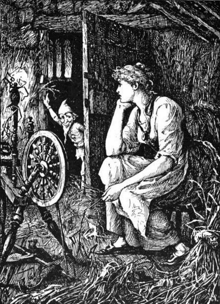 Black and white illustration: A girl sits dejectedly at a spinning wheel, surrounded by straw, as a dwarf enters the room. 