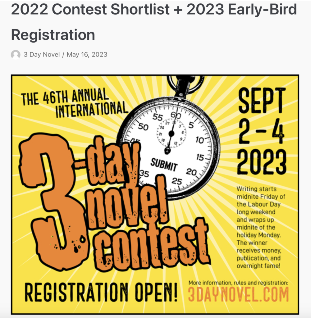 3-Day Novel Contest poster, with orange lettering on a yellow background, showing a stopwatch. 